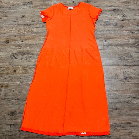 MAXIMA Orange Fish Print Long Beach Summer Shift Dress Cotton Cover up w Pockets - Picture 7 of 10